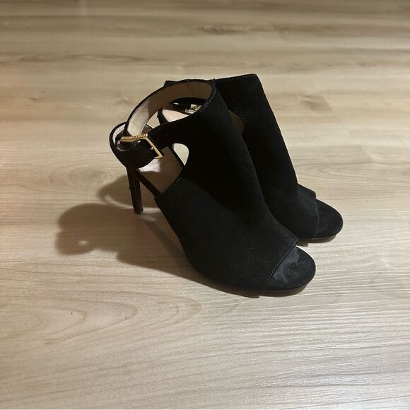 Tory Burch Black Suede Leather Peep Toe Heels Ankle Strap Cutout Stiletto - Picture 3 of 15